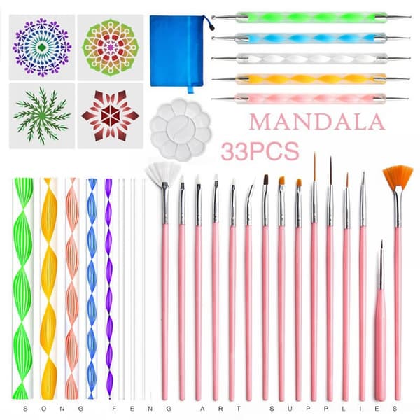33 stk. Mandala Dotting Tools Sæt til maling af sten, maling af sten Dot Kit, Mandala Stencils, Akrylpind, Point Drill Tool, Plus Stencil (stil 3)
