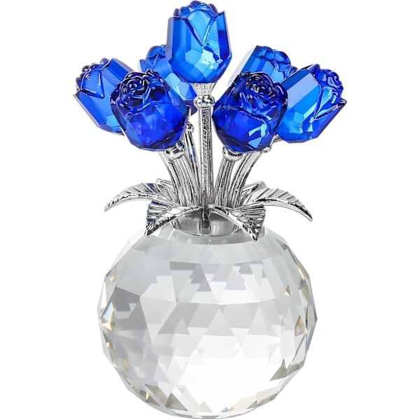 Krystallblå Roseblomstfigur med Rund Vase, Rosegaver til Kone Kjæreste, Romantiske Gaver til Mor på Morsdag Valentinsdag Bursdag