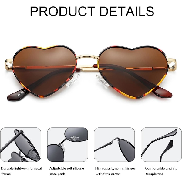 Polariserte hjerteformede solbriller for kvinner, mote, stilig stil, metallramme, UV400-beskyttelseslinse Tortoise Brown 54 Millimeters