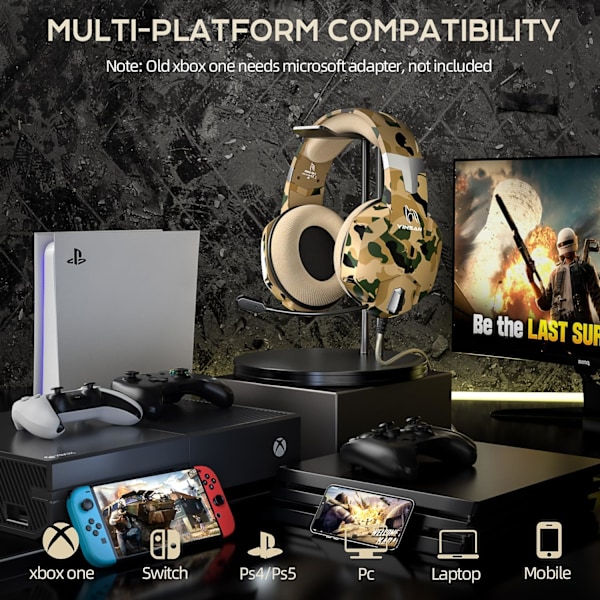 Gaming Headset til Xbox One, PS4 Headset med Mikrofon, Stereo Surround Sound, Støjreducerende Mikrofon & One-Key Mute, Cool Camo Gaming Hovedtelefoner til