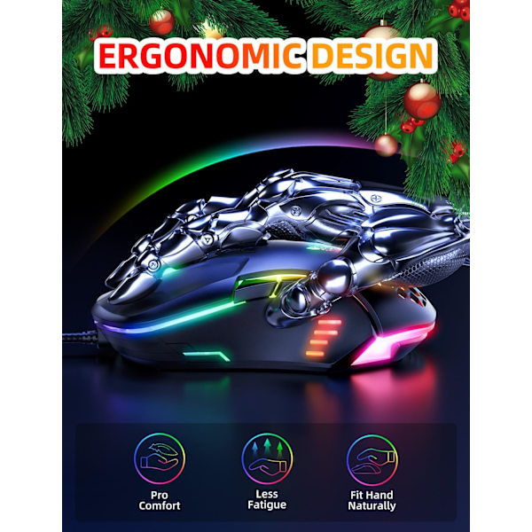 Spillmus, Trådløs PC-mus for nybegynnere med RGB-bakgrunnsbelysning og justerbar DPI, Ergonomisk kontormus for bærbare datamaskiner, Spillmus med 7 responsive knapper