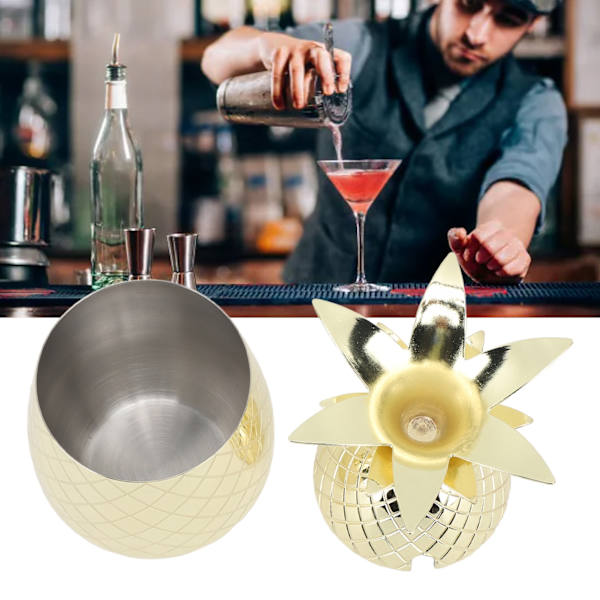 Ananasmugg med lock 500ml Rostfritt stål Drickglas Återanvändbar Lätt att rengöra Mångsidig Tumblermugg för barfest Gold