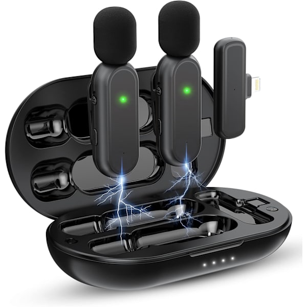 Trådløs Mikrofon til iPhone iPad (2 TX + 1 RX + Ladeetui), 7H Batterilevetid, Mini Mikrofon 3-Mode Støjreduktion til Videooptagelse, Sort