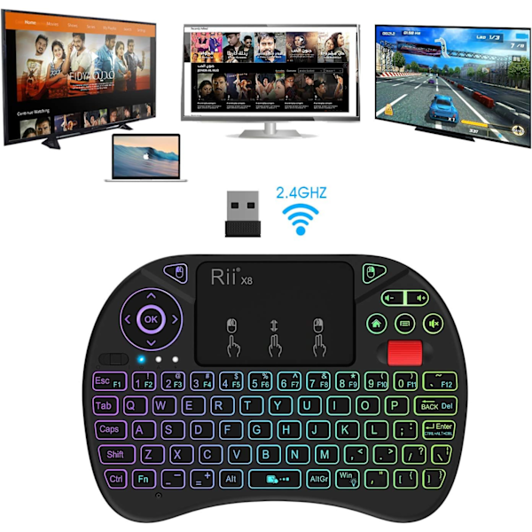 X8 Mini Tastatur, 2.4GHz Bærbar Trådløs Tastatur med Touchpad Mus, RGB Baggrundsbelysning, Genopladeligt Batteri til Android TV Box/Mac/PC/Nvidia Shield