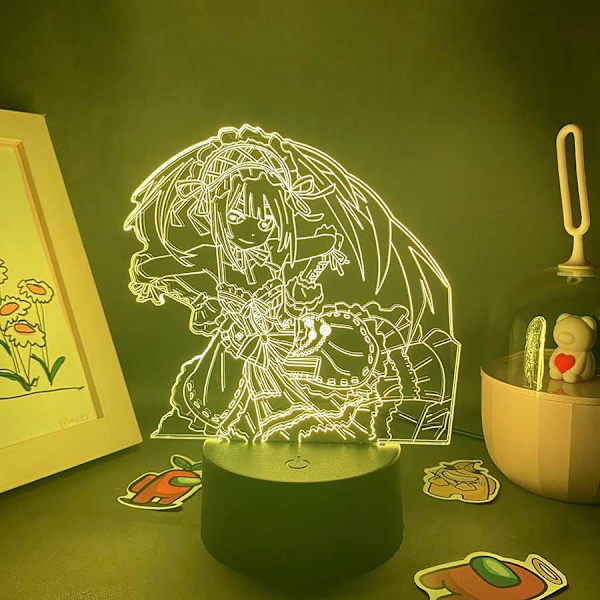 Anime Date A Live Figur Tokisaki Kurumi 3D Hologram Lampe USB Natlampe LED Illusion Lampe Fjernbetjening+Berøringsbordlampe Julegave (Sort Base)