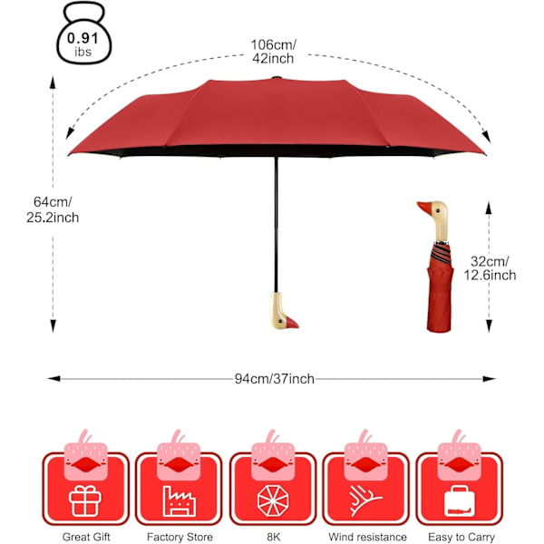 Kompakt lille paraply til regn og sol, sød design andehoved paraply til piger gaver, 8 ribber folde paraply med træhåndtag Red