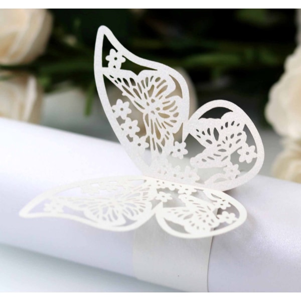 Wekity 100 kpl 3D Butterfly Paperiset Lautasliinasormukset Hääjuhlat Servettipöydän koristeluravintola (valkoinen)
