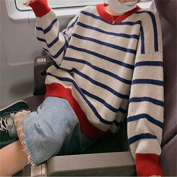Dam tröja med rund hals, lång ärm, färgblock, stickad tröja, casual pullover