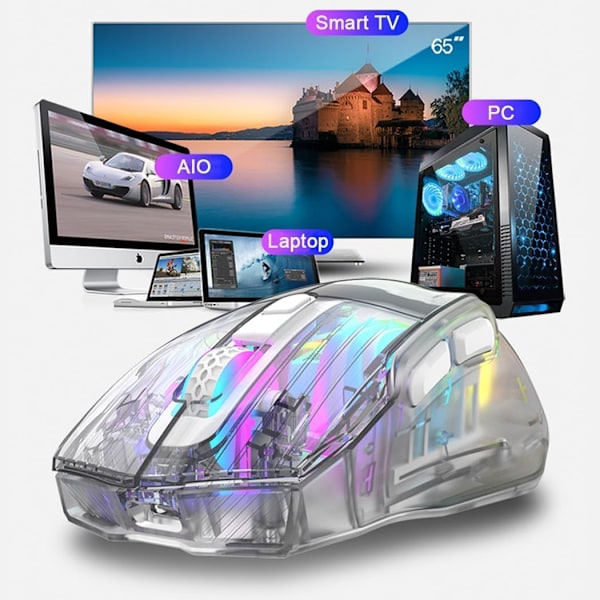 Bluetooth Trådløs Mus, Tri-Modus 2.4G/USB-C/Bluetooth Mus Opptil 3600 DPI, Transparent Mekanisk Spillmus, Chroma RGB Bakgrunnsbelyst Black