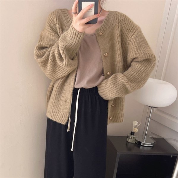 Kofta för kvinnor Cardigan Knapp Öppen Fram Crewneck Topp
