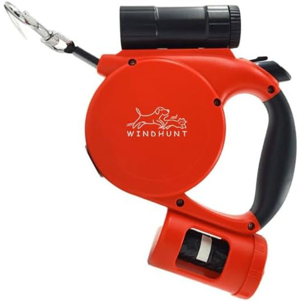 Inntrekkbar hundekobbel med lommelykt, dispenser og hundepose, slitesterk nylonbånd for små, mellomstore hunder og katter, enhåndsbrems og lås. 360°Tang red