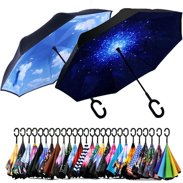 49 tommers omvendt paraply med dobbel baldakin, ekstra stor vindtett vanntett paraply med C-formet håndtak. Sky & Starry（2 Pack） 49 Inch