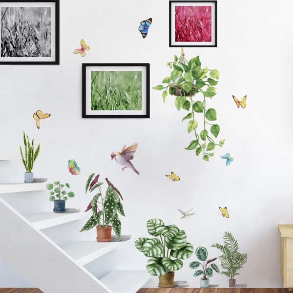 Seinätarra Seinämaalaus Vihreät kasvit Kukkaruukku Perhoset Seinätarrat Olohuoneen Makuuhuoneen Sisustus Tarratapetti