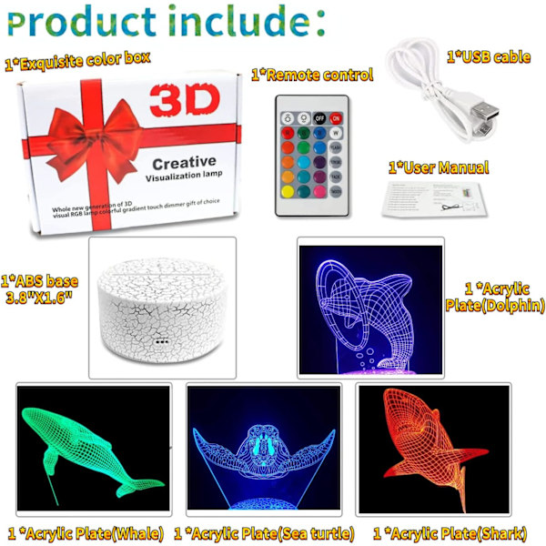 3D Hajnattlampa, 16 Färgbyten, Dimbar Fjärrkontroll/Smart Touch, 4 st 3D Hologram Illusion Lampa, Delfin Sänglampa (Havsdjur)