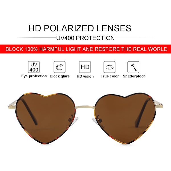 Polariserede hjerte solbriller til kvinder Fashion Lovely Style Metal Frame UV400 beskyttelseslinse Tortoise Brown 54 Millimeters