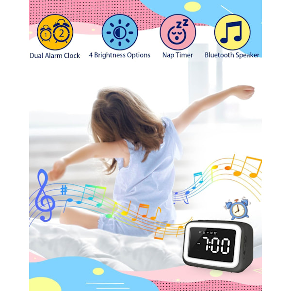 Barnväckarklocka med Bluetooth-högtalare för sovrum, Ok to Wake-väckarklocka för barn med dimbart nattljus, digital klocka med dubbla alarm, snooze red