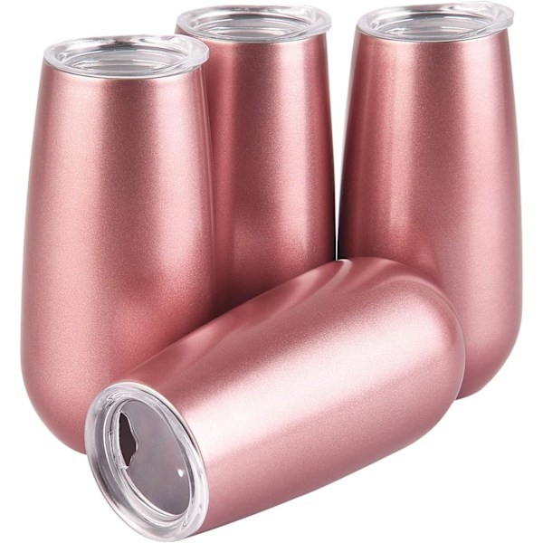 4 stk. Uden stilk Dobbelt isoleret Champagne Flûte Tumbler med låg, 6 Oz Uknuselige Genanvendelige Cocktail Kopper Champagne Skål Glas Rose Gold