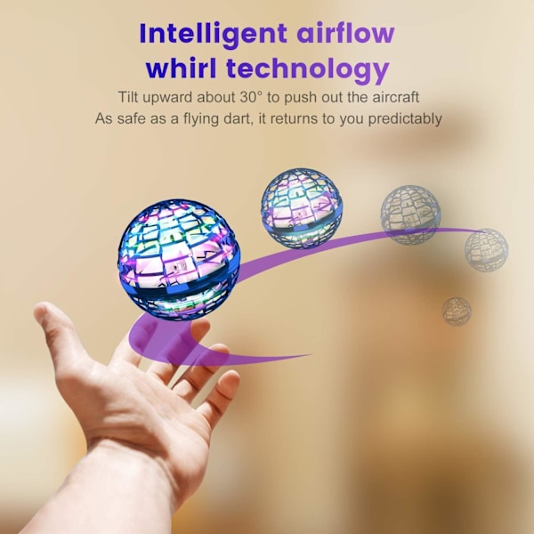 Flygende Ballleker, 2021 Oppgradert Oppladbar Boomerang Spinner Drone 360° Roterende Svevende Orb Ball Leke Bygget-inn LED Mini Orb Drone Flygende (Blå)