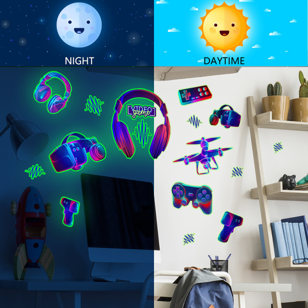 Game Glow in the Dark-klistermärken, Controller-väggdekaler, löstagbar videospelväggmålning för pojkar, män i sovrum, barn, lekrumsdekorationer