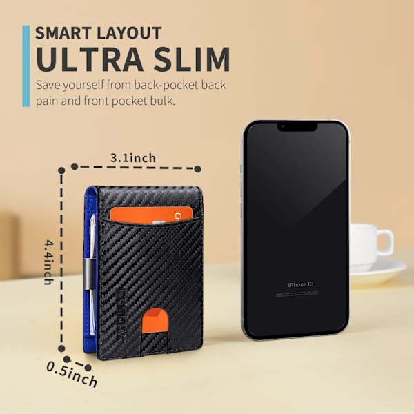 Slim Money Clip Plånböcker för Män RFID-Blockering 11 Kort Hållare Minimalistisk Liten Läder Bifold Herr Plånbok Presentförpackning Carbon Black n Blue