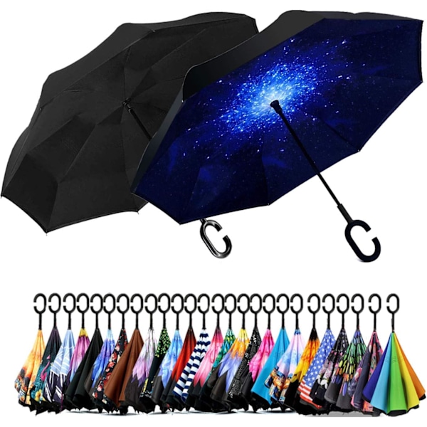 49 tommers omvendt paraply med dobbel baldakin, ekstra stor, vindtett, vanntett paraply med C-formet håndtak. Black & Starry/ 2 Pack 49 Inch