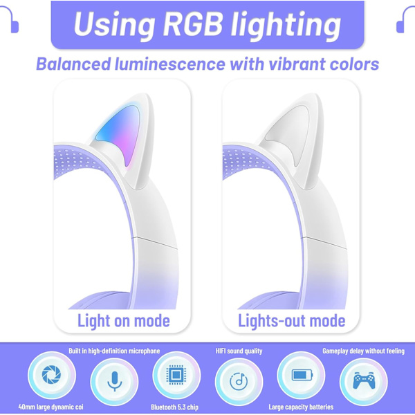 Bluetooth-hodetelefoner for barn, søte ørekatteøre LED-lys opp Foldable hodetelefoner Stereo Over Ear med mikrofon/TF-kort Trådløse hodetelefoner for Smart Soft Purple