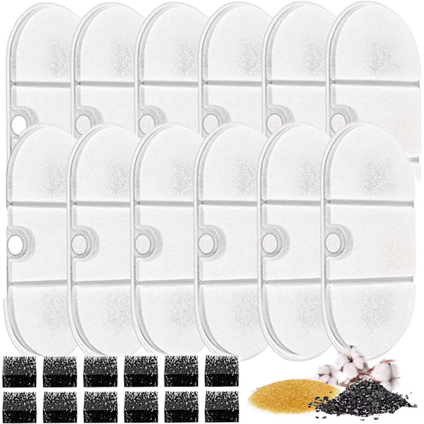Kattefontænefiltre til 71oz/2.1L BPA-fri katte- og hundefontæne, pakke med 12 udskiftningsfiltre til kæledyr med 12 forfilter-svampe 12 Filters& 12 Sponges