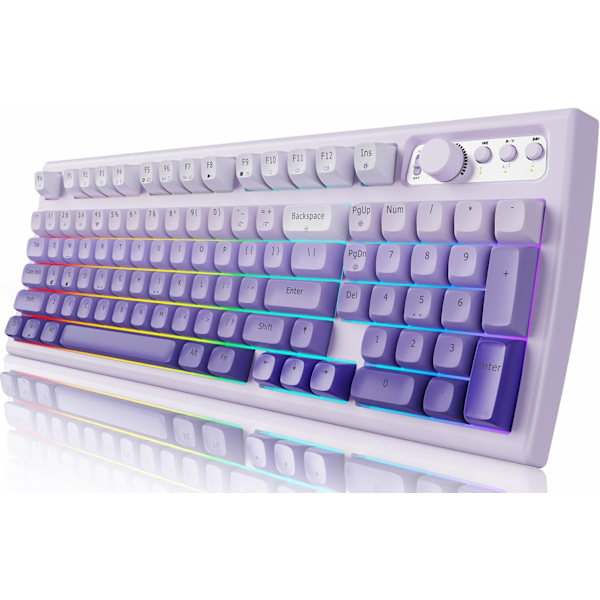 V97 Söpö Kermainen Näppäimistö, Bluetooth/2.4GHz Pelikäyttöön Langaton RGB-Taustavalaistuksella, Media-Nappi, Kaareva Runko, Ladattava Hiljainen Tietokoneen Näppäimistö Purple