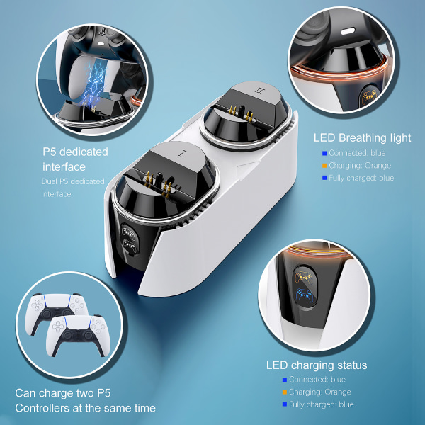 PS5 Controller-opladerstation, PS5-opladerstation med hurtigopladning 5V/3A, dobbelt controller-opladerstand til Playstation 5
