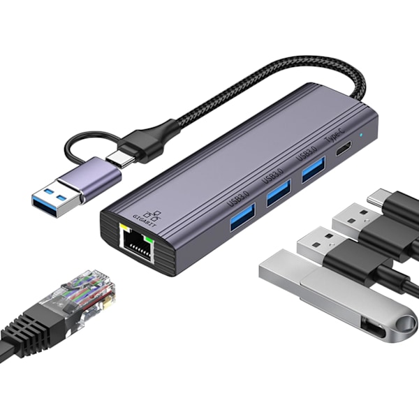 USB C HUB, 5 i 1 USB-C/USB 3.0 Dual Adapter Dockningsstation, med USB-port, USB-C-port/PD, Gigabit Ethernet, Multi-Port USB C Adapter Typ C Bärbara datorer