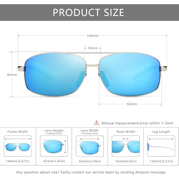 Ultralätta rektangulära polariserade solglasögon UV400-skydd Silver Frame Blue