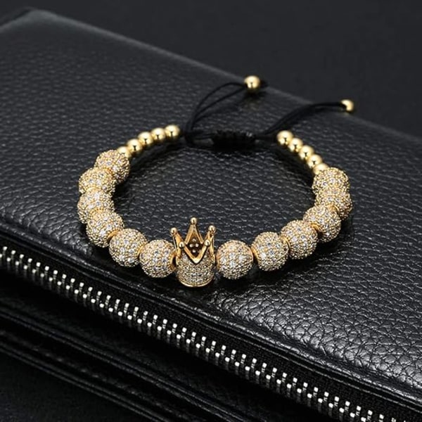 Luksus CZ Imperial Crown -punotut kuparirannekkeet 8 mm:n mikropave-kuutiosirkoniumhelmillä Pulseira Bangle -riipuskoru miehille