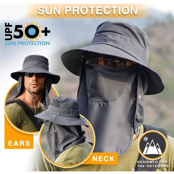 Kalastushattu aurinkosuojahattu - Premium UPF 50+ kokoontaitettava cover Boonie-hattu miehille ja naisille (tummanharmaa)