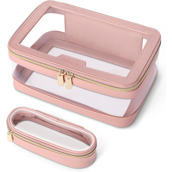 Läpinäkyvä matkakosmetiikkalaukku, meikkisiveltimellä, kannettava meikkilaukku, läpinäkyvä vedenpitävä kosmetiikkasäilytyslaukku, naisille Pink
