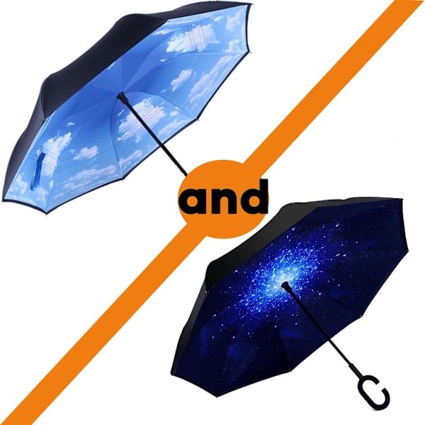 49 tommers omvendt paraply med dobbel baldakin, ekstra stor vindtett vanntett paraply med C-formet håndtak. Sky & Starry（2 Pack） 49 Inch