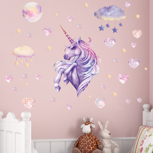 Unicorn väggdekaler - Avtagbara Unicorn väggdekor med hjärtan och stjärnor, för födelsedagsfest, barnens sovrum, vardagsrum, flickrum