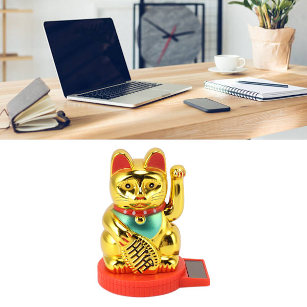 Solcelledrevet vinkende arm kattefigur, der byder velkommen med vinkende hånd, pote op, rigdom, held og lykkekat til held, penge og held Gold