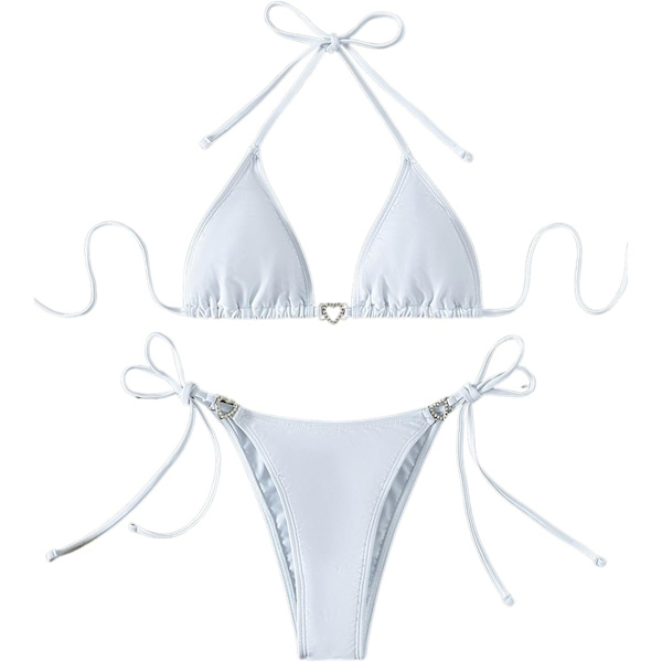 WJSM Dame Halter Binde Side Trekant Bikini Sæt Høj Skæring 2 Del Bikini Badetøj Rhinestone White L