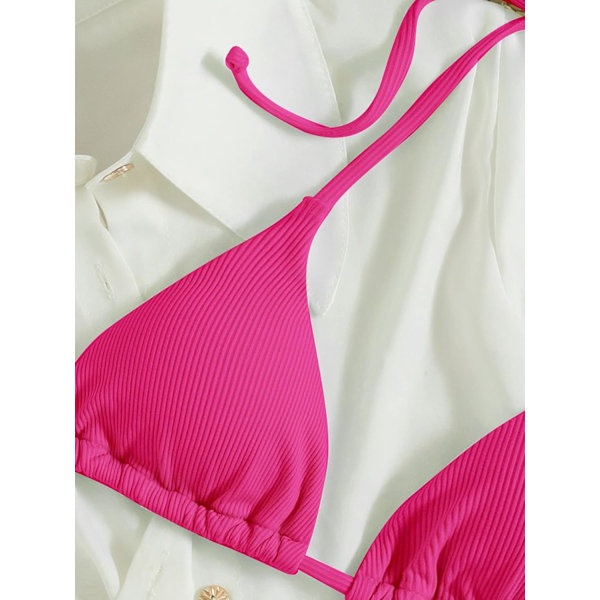 WJSM Kvinners Halterneck Tie Side Triangle Bikini Set Høy Cut 2 Piece Bikini Badedrakt Hot Pink Solid XL