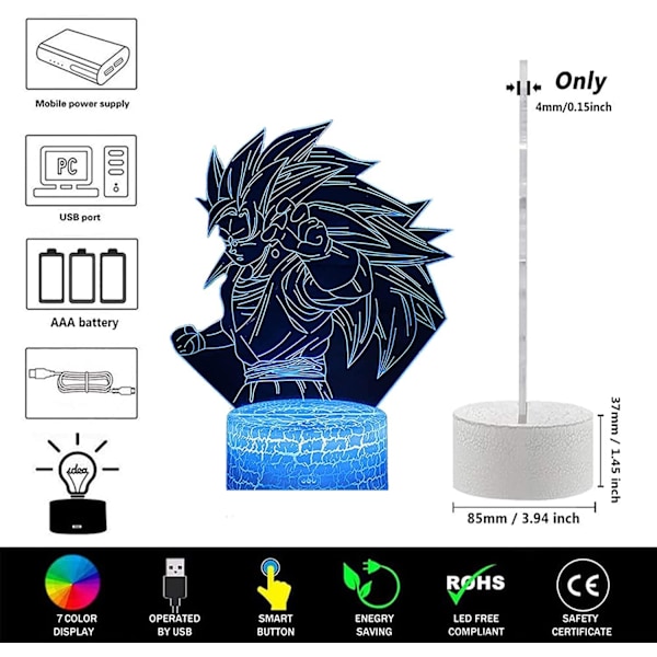 3D Illusions Anime Lampe, 7 Farger Skiftende 3D Illusions Anime Lys, Anime Figur 3D Lys Anime for Akryl LED Lampe Anime LED Lys for Barn