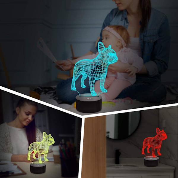 3D Fransk Bulldog Nattlampa, 16 Färger Växlande Optisk Illusionlampa med Fjärrkontroll Födelsedag Jul Alla Hjärtans Dag Present Idé för Småbarn Pojkar Flickor