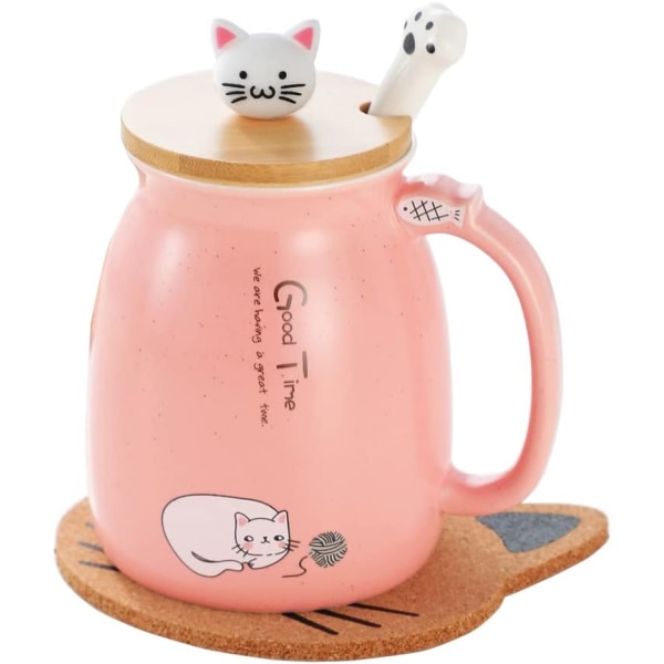 Kattmugg Söt keramisk kaffekopp med härligt Kitty-lock, Cat Paw-sked, kawaii-underlägg, Novelty Morning Cup Tea Milk Julmugg, Rosa