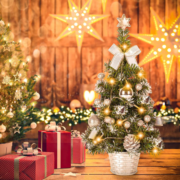 Pieni joulukuusi valoilla, pieni työpöydän koristepuu kotitoimiston ostosbaarille (hopea)