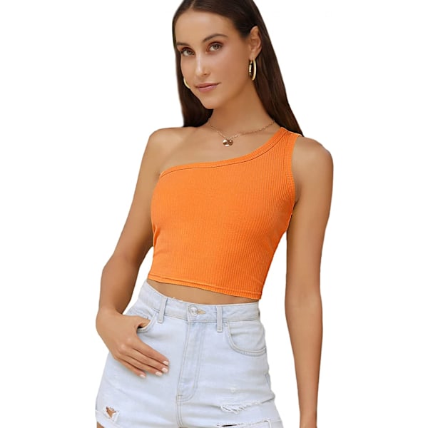 Women's Sexy One Shoulder Sleeveless Ribbed Crop Top, Orange(S)