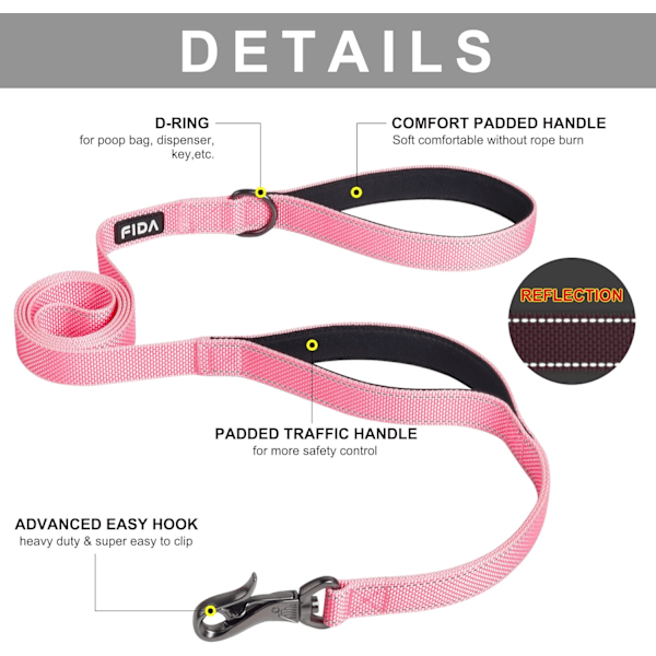 5 FT Heavy Duty Hundekobbel med 2 komfortable polstrede håndtak, trafikkhåndtak og avansert enkel snapkrok, reflekterende gåledning for store, mellomstore og S Pink5FT 5 Feet (Pack of 1)