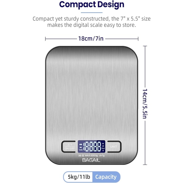 SMDigital köksvåg, premium rostfritt stål matvåg vikt gram och oz för bakning och matlagning, 11lb/5kg med 0,1oz/1g precision