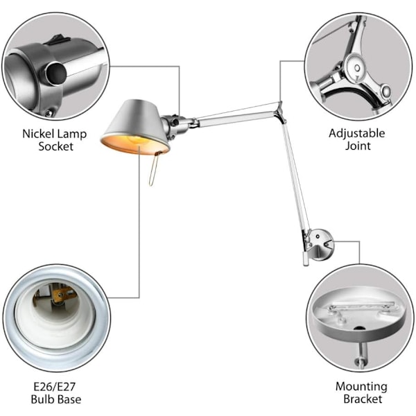 Vägglampa med tre färger, variabel belysning, lång svängarm, utdragbar vägglampa med justerbart huvud, silver, liten