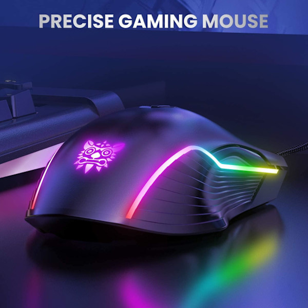 RGB Spillmus Trådløs, USB Optisk Datamus med RGB Bakgrunnsbelysning, 6 Justerbare DPI Opptil 6400, med 7 Programmerbare Knapper Black