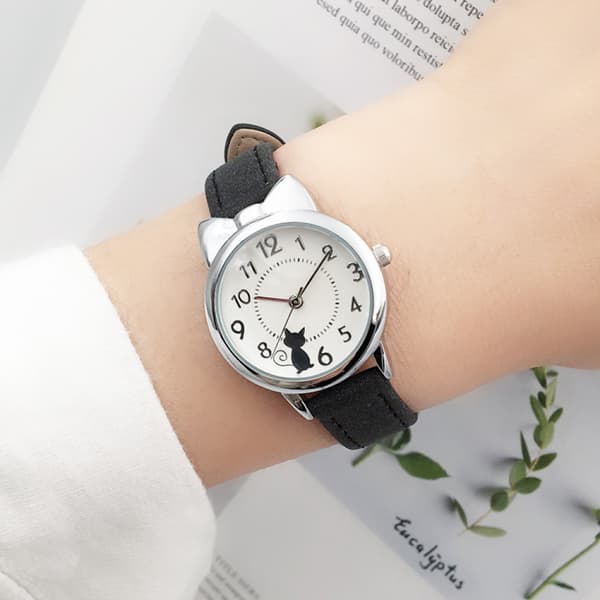 Pigeur Kat Multi-farvet Quartz Ure til Pige Armbåndsur Roset Ure Farverige Studenterure til Piger (Sølv-Sort)