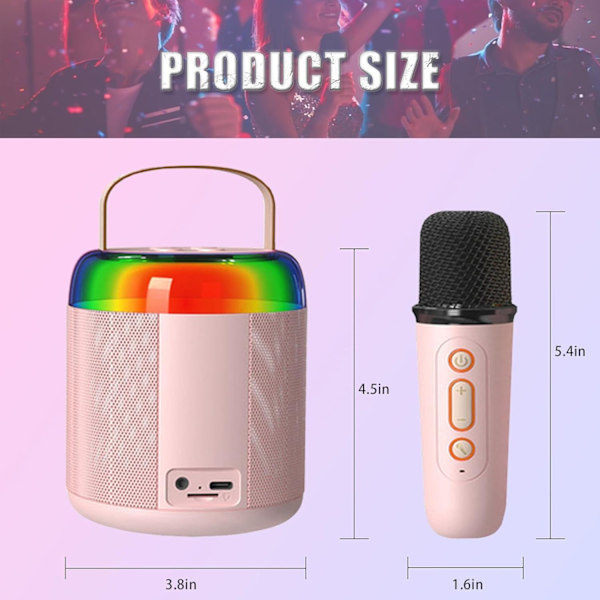 Bærbar karaoke-maskin, mini Bluetooth-stereo med 2 trådløse mikrofoner for barn og voksne